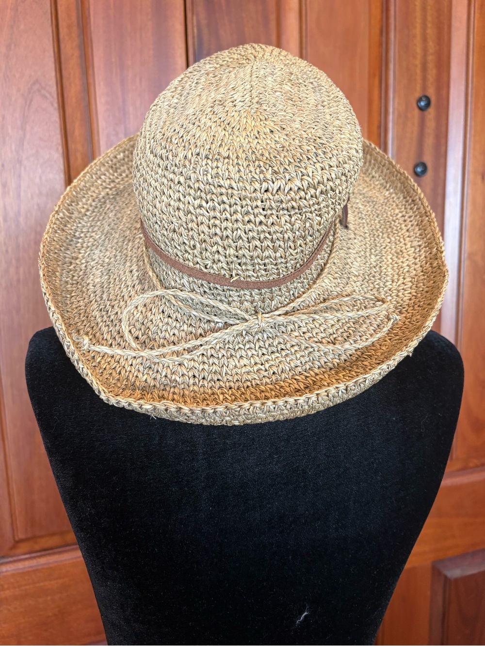 Scala Women's Crocheted Raffia Hat with Drawstring One Size Natural